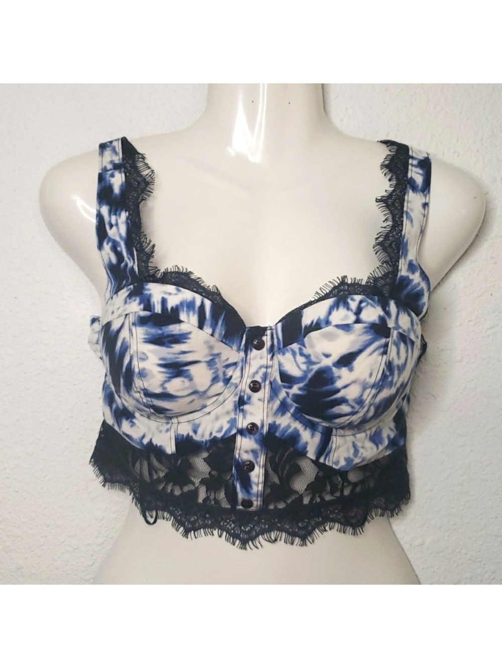 Guess Blue and White Tie-Dye Lace-Trim Bralette Crop Top